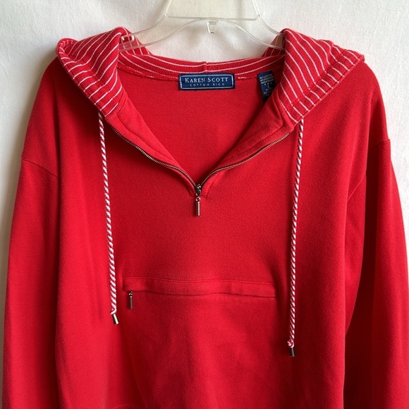 Karen Scott gorgeous coral hoodie with striped inner hood and drawstring, size L - Picture 2 of 8